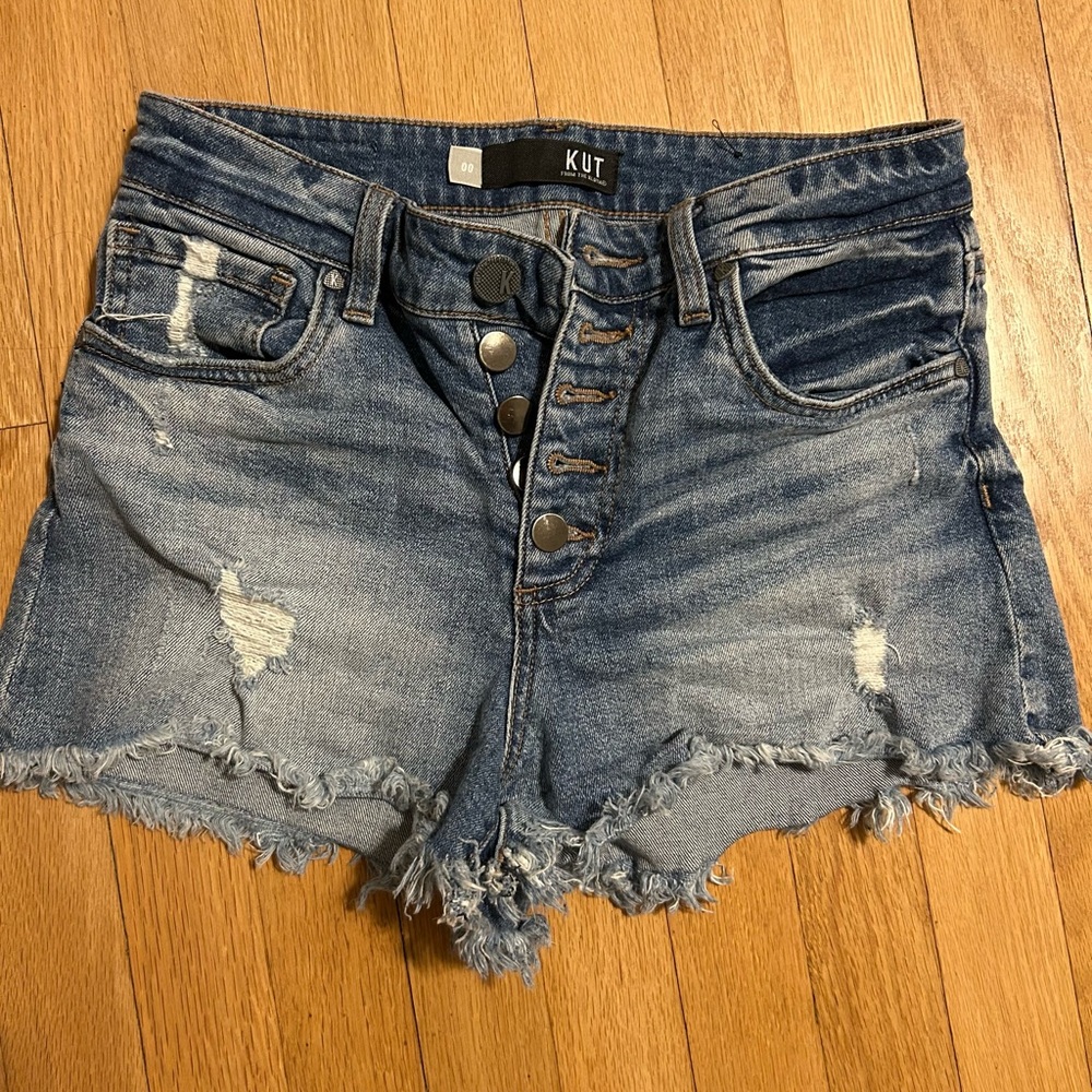Kut from the Kloth Blue Jean Shorts Distressed Frayed Hem